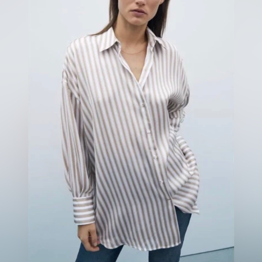 Zara Oversized Striped Satin Button Down